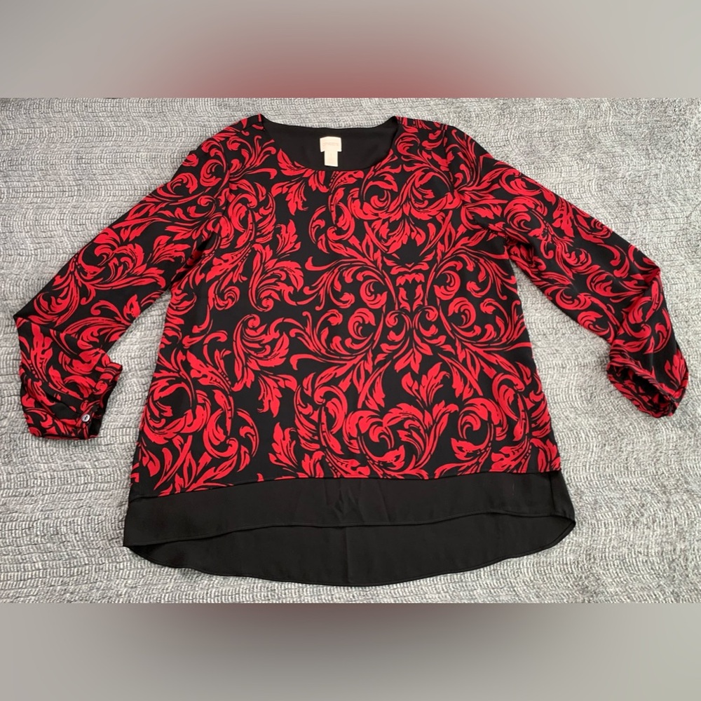 3/$30 Chicos Women's Size 1 Blouse Red Black High Low Lined Dressy  Floral Top - Picture 5 of 13